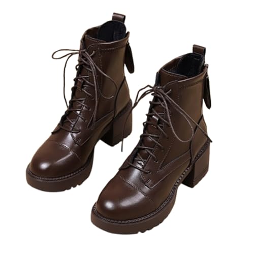 Generisch Damen Leder Stiefeletten Modische Stiefeletten Mit Blockabsatz Und Reißverschluss Hinten Herbst/Winter Motorradstiefel(Brown,38) von Generisch