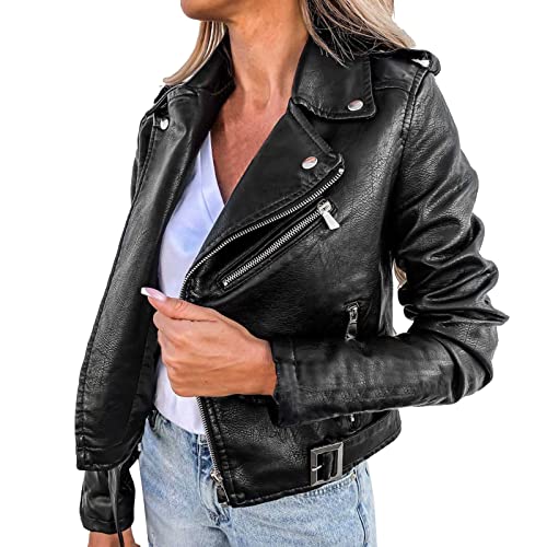Generisch Damen Lederjacke Kurz Bikerjacke Reverskragen Reißverschluss Leder Jacke Übergangsjacke Kurze Jacke Lederjacke Damen Mit Kapuze Lederjacke Winter Damen Grau von Generisch