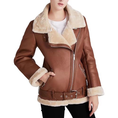 Generisch Damen Lederjacke-Moderner Bikerjacke Übergangsjacke Echtleder Frauen Jacke - Stehkragen mit Schnalle im Biker Look Cognac Bikerjacke Damen Schwarz GefüTtert Lederjacke Winter Damen Grau von Generisch