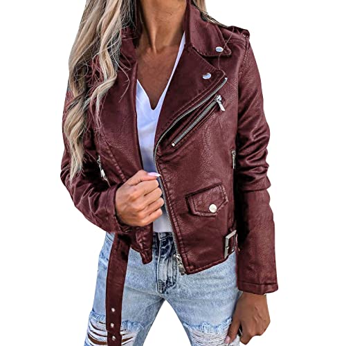 Generisch Damen Lederjacke-Moderner Bikerjacke Übergangsjacke Echtleder Frauen Jacke - Stehkragen mit Schnalle im Biker Look Cognac Schwarze Lange Lederjacke Damen Lederjacke Winter Damen von Generisch