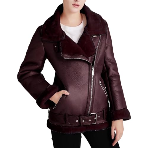 Generisch Damen Ledermantel - Echtleder Kurzmantel Übergans Ledermantel aus feinstem Lammnappa Leder mit Reverskragen Bomberjacke Damen GrüN Warm Bikerjacke Mit Fellkragen Damen von Generisch