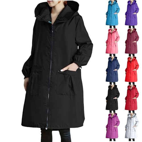 Generisch Damen Leichter Allwetter-Mantel, Wasserabweisender A-Linien Regenmantel mit Kapuze, Modischer City Parka Schwarz von Generisch