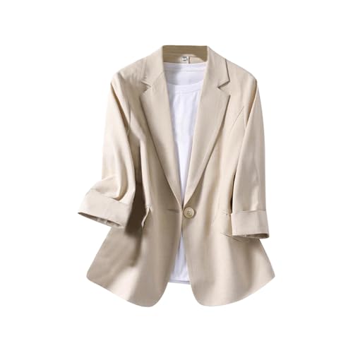 Generisch Damen Leinen Blazer Elegant Lässig 3/4 Arm Blaser Jacke Sommer Lockere Leichte Baumwolle Sakko für Büro Open Front Kurzblazer Sweatblazer Sportlich Hosenanzug Kurze Jacke mit Tasche von Generisch