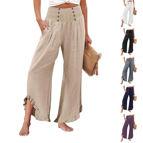 Generisch Damen Leinen Bootcut Hose Baggy High Cut Palazzo Pants 2025 Summer Grobstrick Vintage Strandhose Weitem Bein Hose Quick-Dry Bequem Urlaub Freizeithose mit Taschen Regular Fit von Generisch