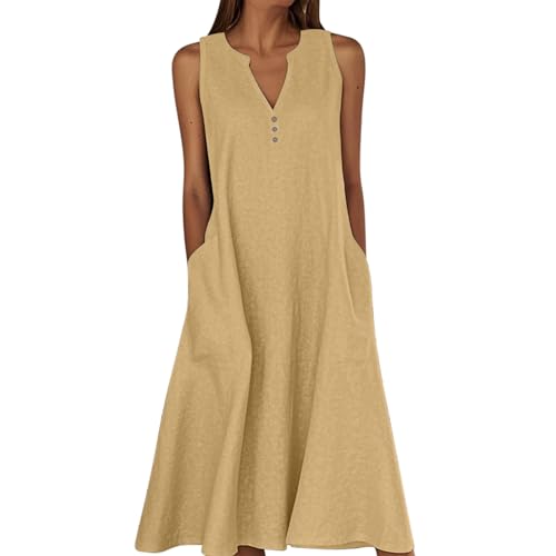 Generisch Damen Leinen Kleider Ärmellos Damenstrandkleider Damen Sommer Blusenkleid Elegant Freizeitkleid Einfarbige Leicht Und Luftig Strandkleid Mode Lässiges Freizeitkleid Blusenkleid Strandkleid von Generisch