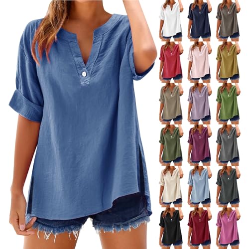 Generisch Damen Leinenbluse Aus Baumwolle Mit V-Ausschnitt Button-Down Plus Größe Oversized Kurzarm Bluse & Lässiges T-Shirt Für Sommer Bequeme Hemdbluse Als Tunika Oder Top Mit Design von Generisch