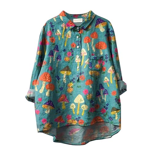 Generisch Damen Leinenbluse Blumen Druck 3/4-Ärmeln Revers Leinenhemd Leichte Atmungsaktive Locker Musselin Damenblusen Mittelalter Tuniken Weich Und Bequem Cute Tops von Generisch