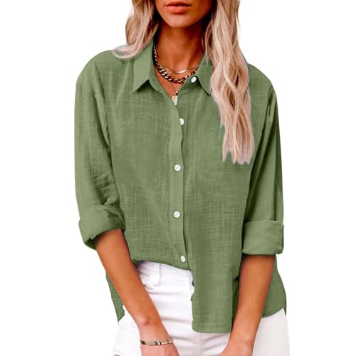 Generisch Damen Leinenhemd 2025 Elegant Langarm Mit Knopfleiste Oversized Sommer Bluse Basic Einfarbig Reverskragen Oberteil,Bluse Baumwolle Damen Sommer,Langarm,Ag,L von Generisch