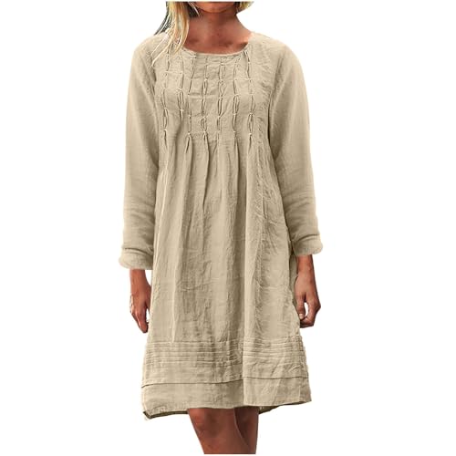 Generisch Damen Leinenkleid Langarm Baumwolle Leinenkleider Einfarbig Freizeitkleid Plisseekleid Knielang Vintage Kleid Casual Herbstkleid Leinen Kleid für Damen Gutschein Geburtstag Beige XL von Generisch