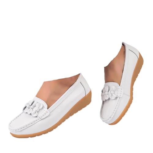 Generisch Damen Loafer Schuhe Mokassins Bequeme Lässige Slip On Keilabsatz Bow Tie Business-Schuhe Classic Casual Weiches Freizeitschuhe Slippers (White, 36) von Generisch