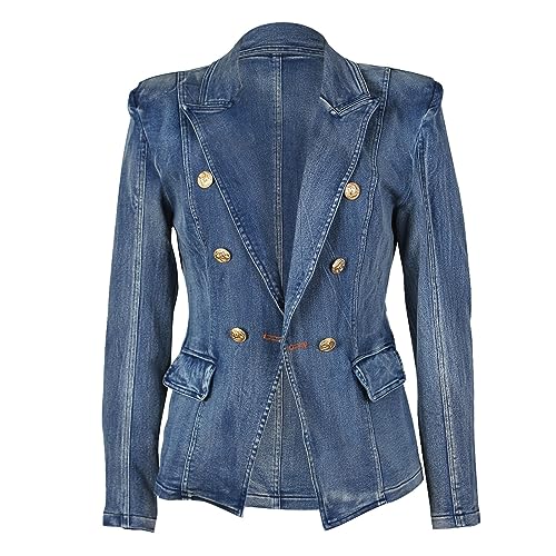 Generisch Damen Mantel Herbst Winter Elegant Maßgeschneiderte, zweireihige Jeansjacke aus Denim mit schmaler Passform und Taschen für Damen Damen Kurz Winter (Dark Blue, S) von Generisch