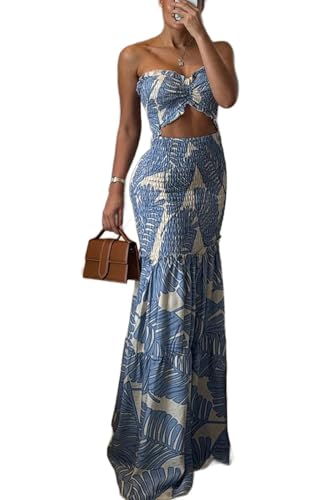 Damen Maxikleid mit floralem Neckholder gesmoktem Schnitt und Taillenausschnitt langes Plissiertes Wickelkleid von Generisch