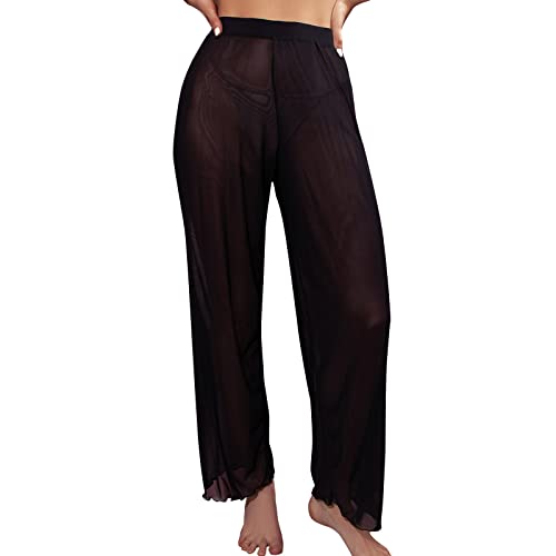 Damen Mesh Rüschen Cover Ups Hose Transparent Durchsichtige Hosen Bikini Bottom Cover Up Hohe Taille Weites Bein Strandhose Badeanzug Hosen Frauen Beachwear (Black, M) von Generisch