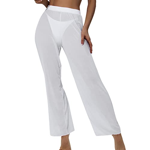 Damen Mesh Rüschen Cover Ups Hose Transparent Durchsichtige Hosen Bikini Bottom Cover Up Hohe Taille Weites Bein Strandhose Badeanzug Hosen Frauen Beachwear (White, XXL) von Generisch