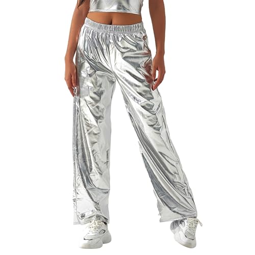 Generisch Damen Metallic Glänzende Hose Elastischer Bund Lockere Lässige Lange Hose Jogginghose Einfarbig Look Damen Hose Schwarz 38 (Silver, XXL) von Generisch