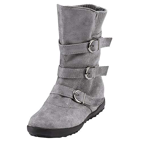 Generisch Damen Mid-Calf Stiefel Flache Sohle Reißverschluss Winterstiefel mit Schnallenriemen für Komfort Stil (Grey, 43) von Generisch