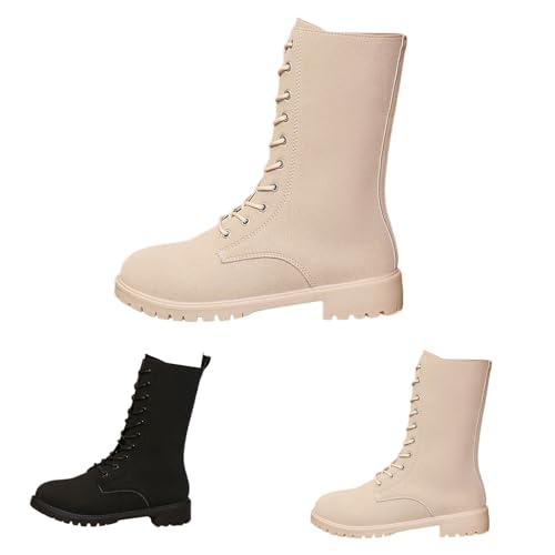 Generisch Damen Mid Heel Laceup Stiefeletten Schlichte Bequeme Lässige Runde Zehen Seitlicher Reißverschluss Wadenhohe Stiefel Damen Schuhe Rutschfester Freizeitstiefel Wasserdicht Trekkingstiefel von Generisch