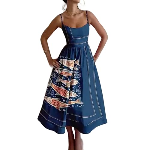Generisch Damen Midikleid mit Spaghettiträgern und Fisch Print Leichtes Trägerkleid für den Strandurlaub von Generisch
