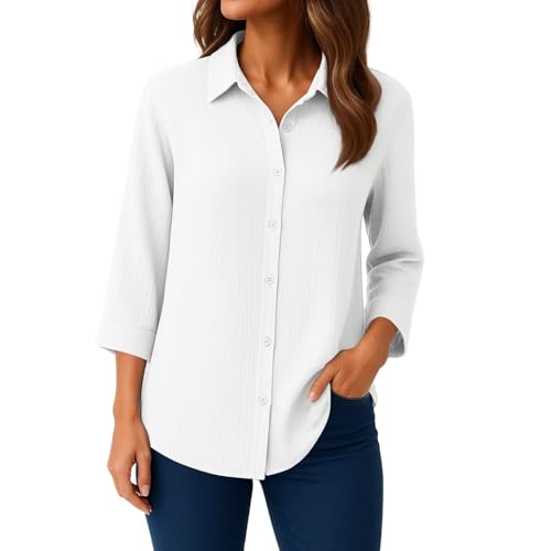 Generisch Damen Musselin Bluse Baumwolle 3/4 Arm Langarm Longbluse Leichte Sommerbluse Locker Hemdbluse Modern Oberteile Langarmshirt Blusenshirt weiß&XXL von Generisch