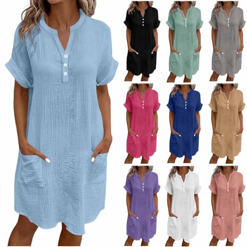 Generisch Damen Musselin Kleid, Sommer Knielang Mit Taschen Blusenkleid Kurzarm Wickelkleid Hemdblusenkleid Leicht Und Luftig Kleid Mit Knopfleiste Kleider Sommerkleid Hemdkleid Strandkleider S-XXL von Generisch