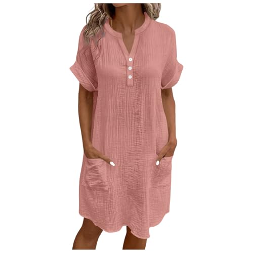 Generisch Damen Musselin Kleid, Sommer Knielang Mit Taschen Blusenkleid Kurzarm Wickelkleid Hemdblusenkleid Leicht Und Luftig Kleid Mit Knopfleiste Kleider Sommerkleid Hemdkleid Strandkleider S-XXL von Generisch
