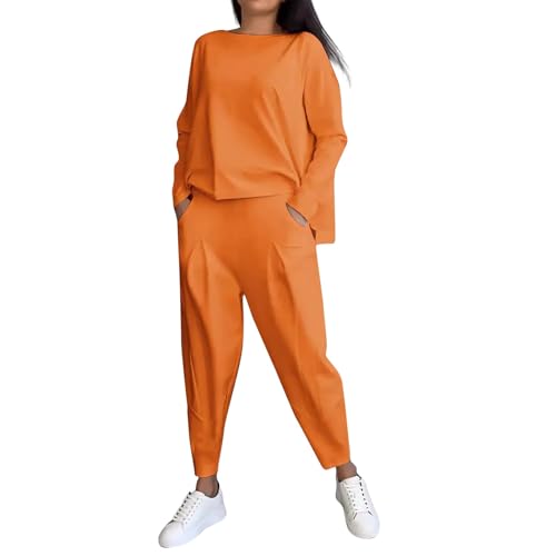 Generisch Damen Must Haves Trainingsanzug 2024 Mode Pullover Oversize Jogginganzug Casual Hosenanzug Bequem Hausanzug 2 Teiler Sportanzug Freizeitanzug Blusen Jogginghose Kleidungsset(A05 Orange,S) von Generisch