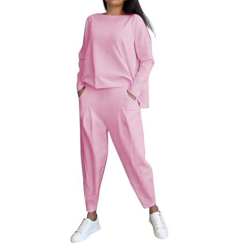 Generisch Damen Must Haves Trainingsanzug 2024 Mode Pullover Oversize Jogginganzug Casual Hosenanzug Bequem Hausanzug 2 Teiler Sportanzug Freizeitanzug Blusen Jogginghose Kleidungsset(A06 Pink,L) von Generisch