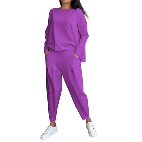 Generisch Damen Must Haves Trainingsanzug 2024 Mode Pullover Oversize Jogginganzug Casual Hosenanzug Bequem Hausanzug 2 Teiler Sportanzug Freizeitanzug Blusen Jogginghose Kleidungsset(A07 Purple,XL) von Generisch