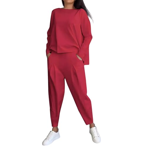 Generisch Damen Must Haves Trainingsanzug 2024 Mode Pullover Oversize Jogginganzug Casual Hosenanzug Bequem Hausanzug 2 Teiler Sportanzug Freizeitanzug Blusen Jogginghose Kleidungsset(A08 Red,S) von Generisch