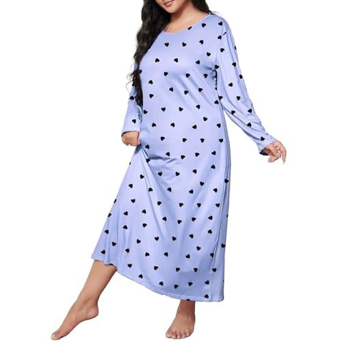 Generisch Damen Nachthemd Baumwolle Langarm, Nachtwäsche Große Größen Bedruckt Schlafhemd Winter Schlafkleid Rundhals Shirtkleid Lange Freizeitkleid Leicht Luftig Sleepwear Sleepshirt Nachtkleid von Generisch