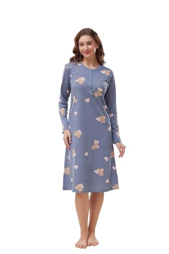 Generisch Damen Nachthemd Langarm Baumwolle Bärchen-Muster Knopfleiste Sleepshirt Nachtwäsche (Blau, 3XL) von Generisch