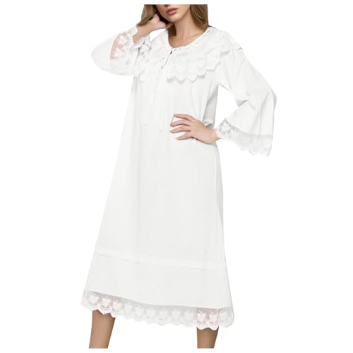 Generisch Damen Nachthemd Retro Außenhandel Langarm Nachthemd Pyjamas Damen Plus Größe Home Kleidung (White, L) von Generisch
