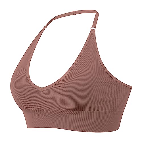 Generisch Damen Neckholder-Sport-BH, rückenfrei, tiefer V-Ausschnitt, Push-Up, verstellbare Träger, Braun, M von Generisch