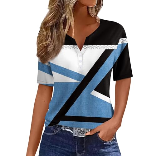 Generisch Damen Oberteile Kurzärmelig Sommer Henley-V-Ausschnitt T-Shirt Drucken Top Bequem Lässiges Basis Tunika Sportshirt Blau XL Generisch Damen Oberteile Kurzärmelig Sommer Henley-V-Ausschnitt T-Shirt Drucken Top Bequem Lässiges Basis Tunika Sportshirt Blau XL von Generisch