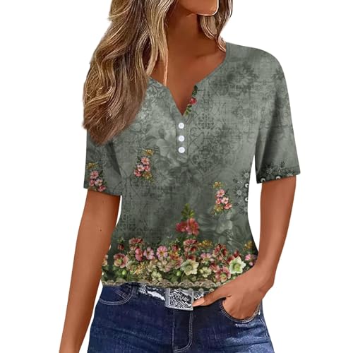 Generisch Damen Oberteile Kurzärmelig Sommer Henley-V-Ausschnitt T-Shirt Drucken Top Bequem Lässiges Basis Tunika Sportshirt Grau S von Generisch
