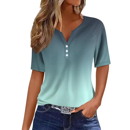 Generisch Damen Oberteile Kurzärmelig Sommer Henley-V-Ausschnitt T-Shirt Drucken Top Bequem Lässiges Basis Tunika Sportshirt Grün M von Generisch