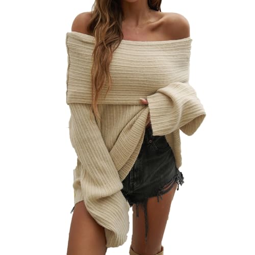 Generisch Damen Off-Shoulder Pullover, Strickpullover, Langarm, Lockerer Oversize Pullover, Casual Winter Oberteil von Generisch