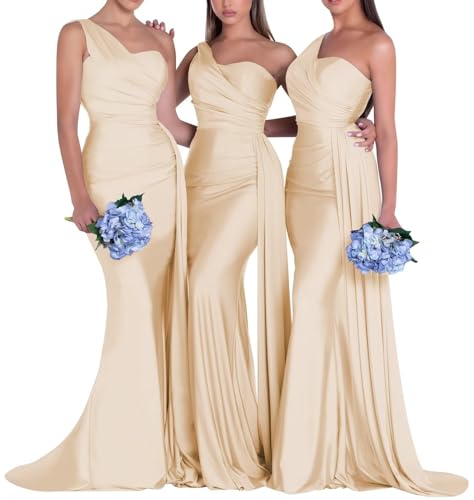 Generisch Damen One Shoulder Brautjungfernkleider Für Hochzeit Meerjungfrau Satin Abschlussball Kleider Lange Schleppe High Fork Abendkleider Champagne Gold S von Generisch