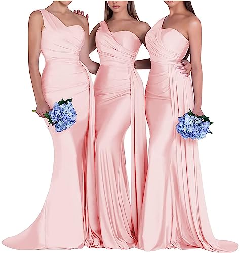 Generisch Damen One Shoulder Brautjungfernkleider Für Hochzeit Meerjungfrau Satin Abschlussball Kleider Lange Schleppe High Fork Abendkleider Pink M von Generisch