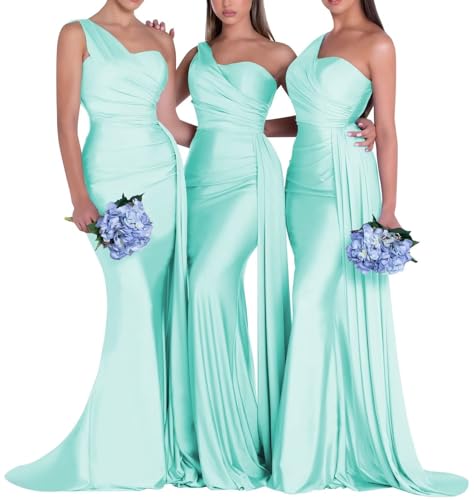 Generisch Damen One Shoulder Brautjungfernkleider für Hochzeit Meerjungfrau Satin Abschlussball Kleider Lange Schleppe High Fork Abendkleider Blue Turquoise L von Generisch