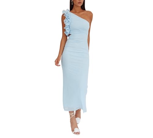 Damen One Shoulder Wickelkleid mit Cut Out Taille Rüschen ärmellos Netzstoff gerafft figurbetontes Midikleid von Generisch