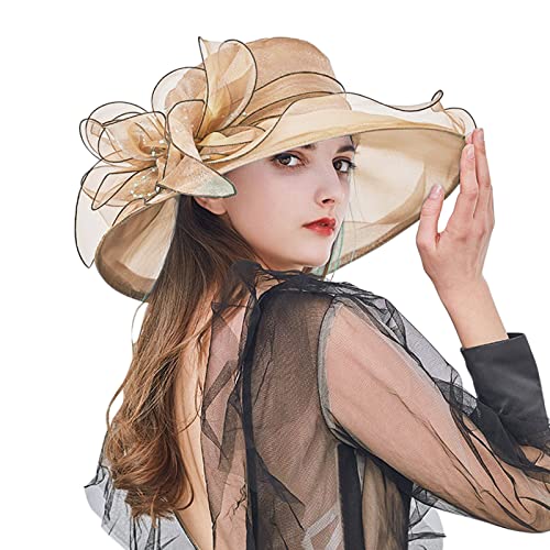 Generisch Damen Organza Hut Elegant Sommer Sonnenschutz Kappe Frauen Cap Temperament Retro Damenhut Mesh Melone Damenmütze mit Blumen Rüschenhut Faltbarer Hüte für Reisen Urlaub Hochzeit Kirche von Generisch