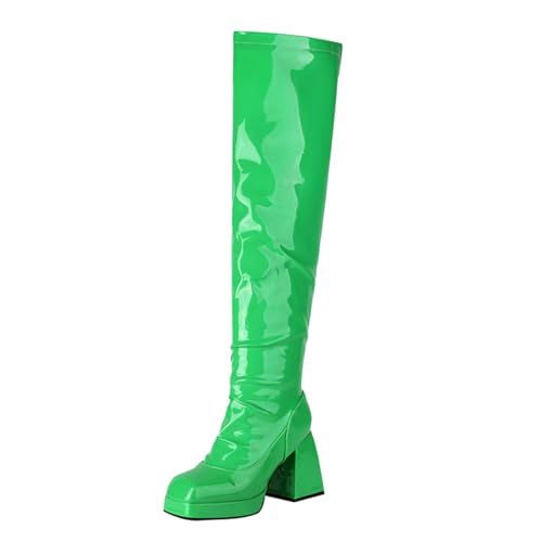 Generisch Damen Over-Knee Stiefel Mit Reißverschluss Lackleder Ritterstiefel Im Blockabsatz Mit Dicker Plateau-Sohle Und Eckiger Spitze Hochhackige Stiefeletten Cosplay Karneval (Grün,47) von Generisch