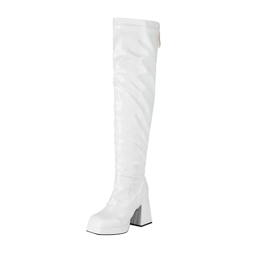 Generisch Damen Over-Knee Stiefel Mit Reißverschluss Lackleder Ritterstiefel Im Blockabsatz Mit Dicker Plateau-Sohle Und Eckiger Spitze Hochhackige Stiefeletten Cosplay Karneval (Weiß,39) von Generisch