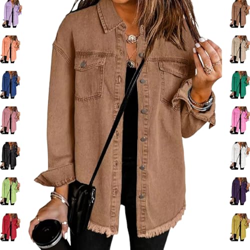 Generisch Damen Oversize-Jeansjacke 2025, Langarm-Jeansjacke Mit Ausgefranstem Saum Und Knopfleiste Sowie Taschen (Braun,S) von Generisch
