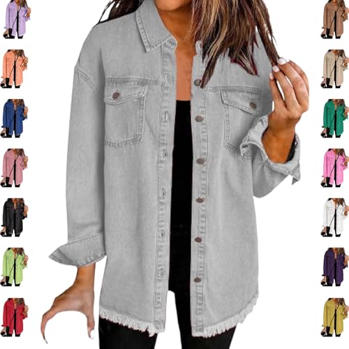 Generisch Damen Oversize-Jeansjacke 2025, Langarm-Jeansjacke Mit Ausgefranstem Saum Und Knopfleiste Sowie Taschen (Hellgrau,S) von Generisch
