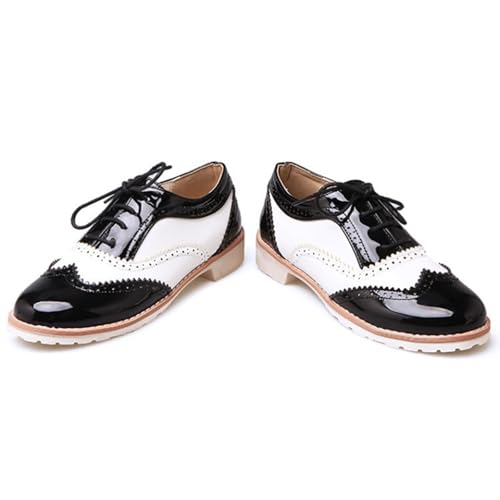 Generisch Damen Oxfords Schwarz und Weiß Flügelspitze Chunky Heeled Vintage Brogue Schnürschuh zweifarbige Sattelschuhe von Generisch