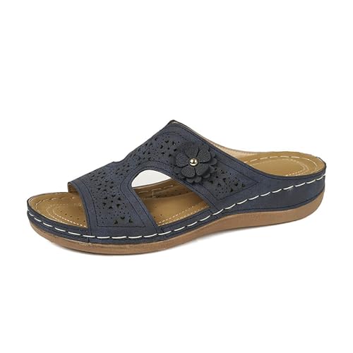 Generisch Damen Pantolette Mit Blumen, Hausschuhe Damen Leder Bequeme Sandaletten Slip On Badeschlappen Arch Support Sommerschuhe Anti-Rutsch Slides Orthopädische Hausschlappen Orthopedicsandalen von Generisch