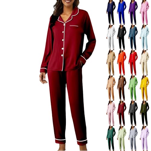 Generisch Damen Pijamas Set, Pyjama Damen Pink, Satin Schlafanzüge Langarm Pyjamas Set Mit Knopfleiste Zweiteiliger Nachtwäsche V-Ausschnitt Loungewear Hausanzug Pjs Sets von Generisch