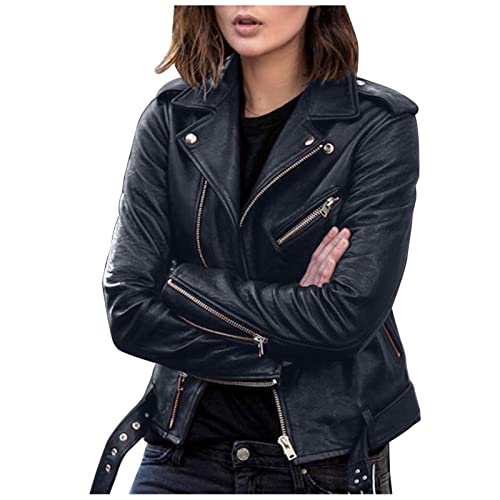 Generisch Damen Plus Size Mode Kunstleder Jacke Langarm Reißverschluss Fitted Kunstleder Mantel Herbst Kurze Jacke Slim Mantel Frühlingsjacke Damen, Schwarz , 50 von Generisch